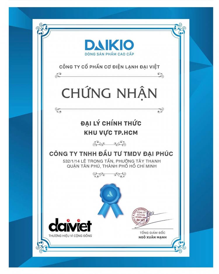Chứng nhận Đại Lý Daikio Daikiosan Đại Việt cấp cho Đại Phúc